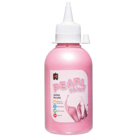 Pearlescent pink acrylic paint in a 250ml bottle, safe for kids, fast-drying, ideal for creative art projects.