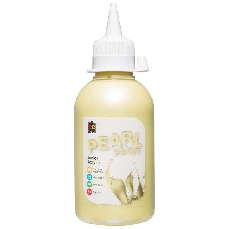 Pearlescent yellow acrylic paint in a 250ml bottle, perfect for artists and safe for children, fast-drying and non-toxic.