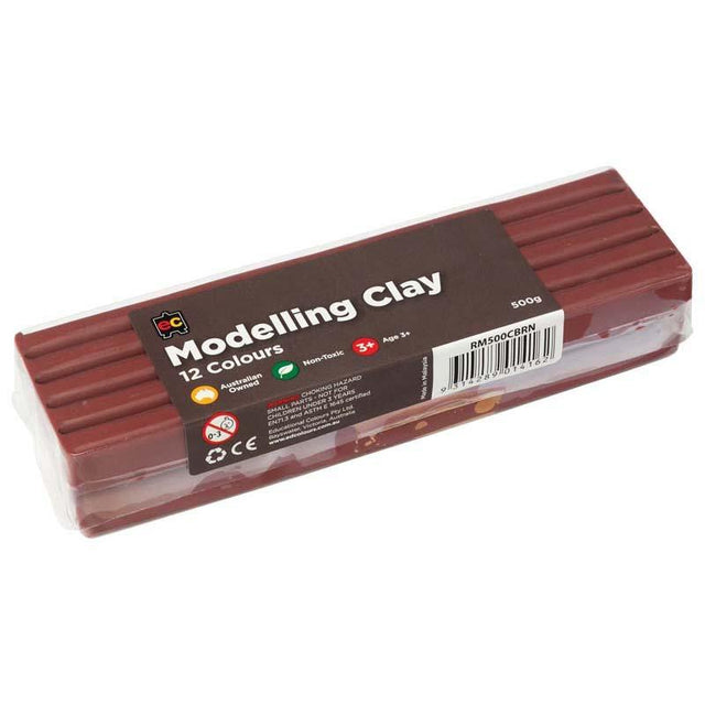 Brown EC Modelling Clay in a 500gm block, soft, pliable, non-toxic, reusable, perfect for all ages and artistic projects.