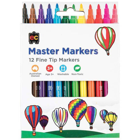 Vibrant EC Master Markers Pack of 12 featuring non-toxic, washable ink and durable nibs, perfect for young artists.