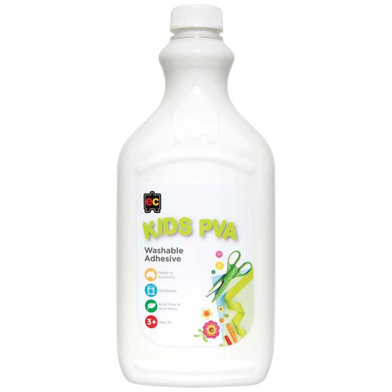 Washable PVA glue in 2L bottle, non-toxic and ideal for kids' crafts, easily cleans from hands and clothes.