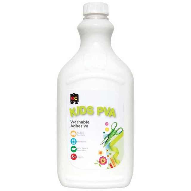 Washable PVA glue in 2L bottle, non-toxic and ideal for kids' crafts, easily cleans from hands and clothes.