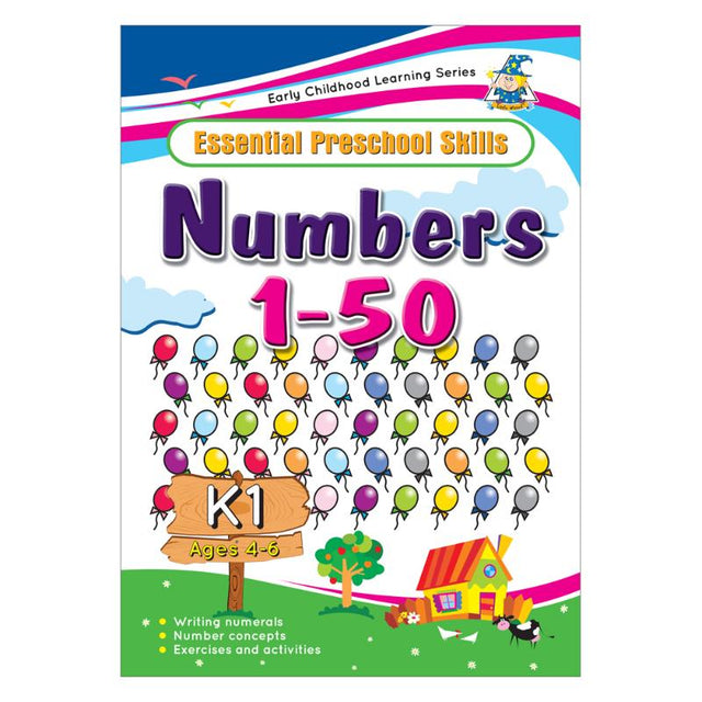 Engaging Greenhill Activity Book for kids ages 4-6, focusing on numbers 1 to 50 with fun exercises for early math skills.