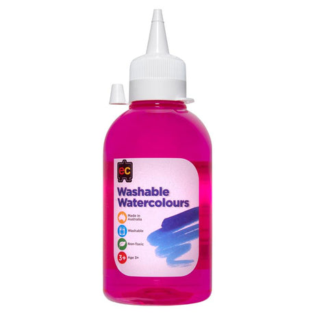 250ml bottle of EC Paint Washable Watercolours in vibrant Pink, ideal for mess-free creativity on various surfaces.