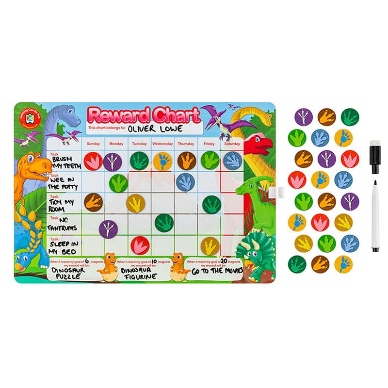 Magnetic dinosaur reward chart with write-on/wipe-off surface and 40 playful magnets for tracking children's achievements.