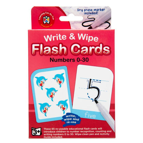Reusable write-and-wipe flashcards for numbers 0-30, featuring bright illustrations and a washable marker for easy learning.