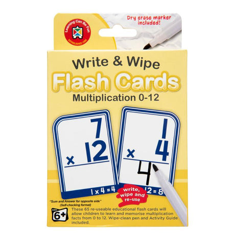 Reusable flashcards for mastering multiplication facts 0-12, includes wipe-clean pen and activity guide for fun learning.