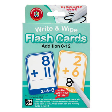 Reusable addition flashcards for kids, featuring wipe-clean surfaces, self-checking answers, and rounded edges for easy sorting.