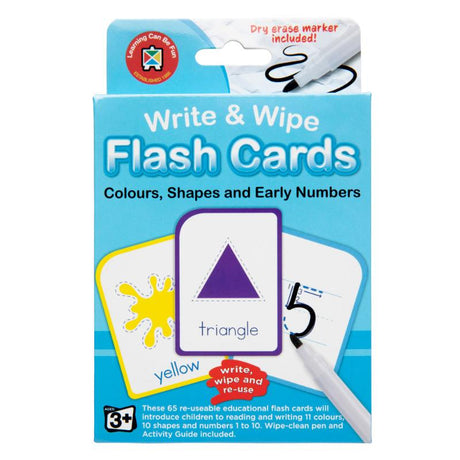 Reusable educational flashcards with colorful illustrations for teaching colors, shapes, and numbers, includes a wipe-clean marker.