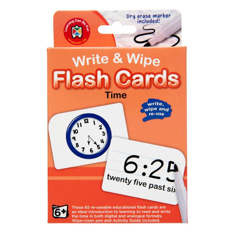 Reusable flashcards teaching kids to tell time in digital and analogue formats, featuring rounded edges for safety.