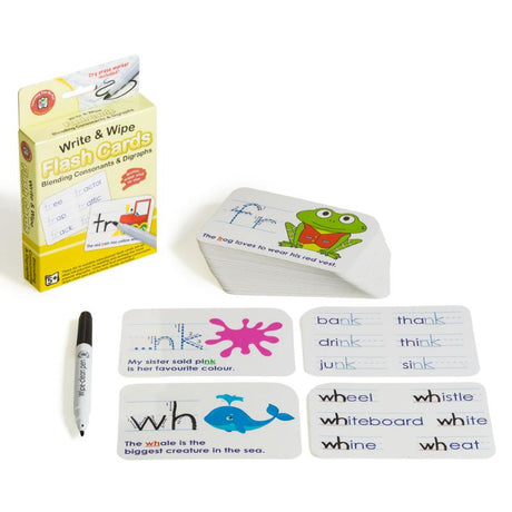 Reusable flashcards featuring 65 consonant blends and digraphs, including a wipe-clean marker for endless practice.