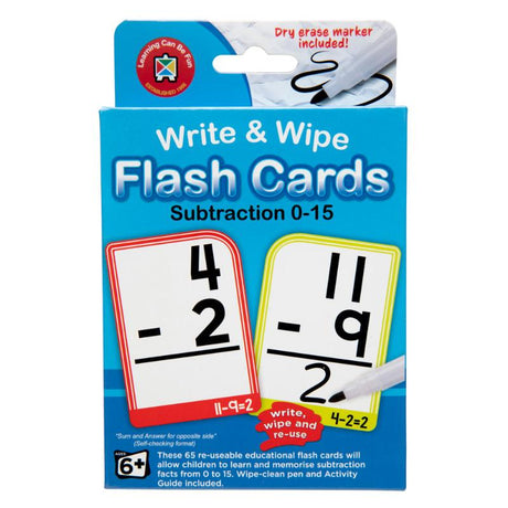 Reusable subtraction flashcards for kids with wipe-clean pen; includes activity guide for interactive learning.