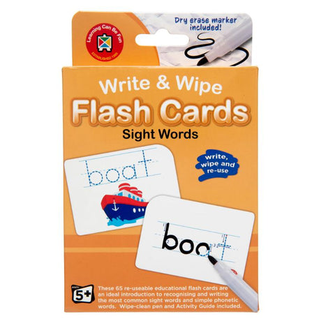 Reusable LCBF Write & Wipe Flashcards for teaching sight words, includes wipe-clean marker and activity guide for interactive learning.
