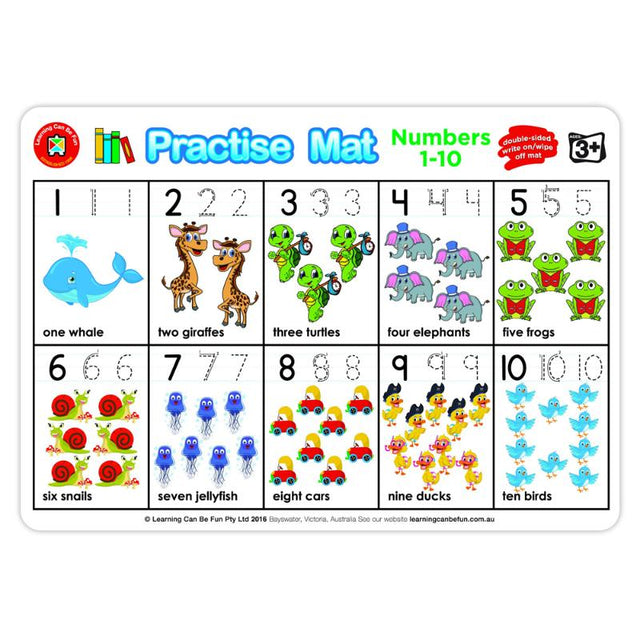 Colorful LCBF Practise Mats for kids 3+, featuring numbers 1-10, dry erase functionality for repeatable learning.