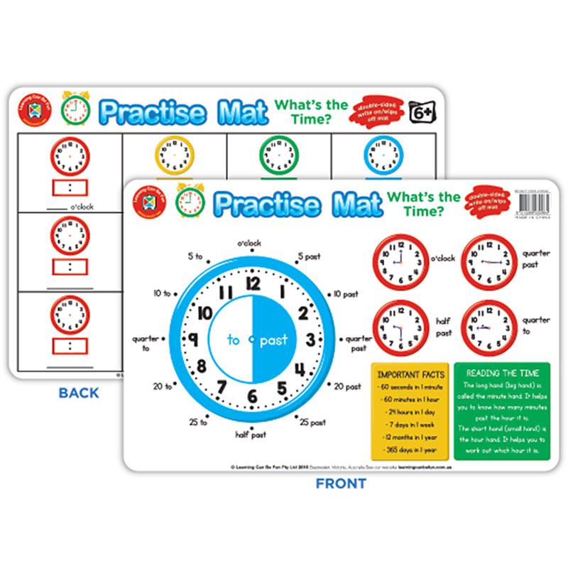 Vibrant LCBF 'What's the Time' practice mat for kids, enhancing time-telling skills with dry erase functionality, 42 x 28 cm.