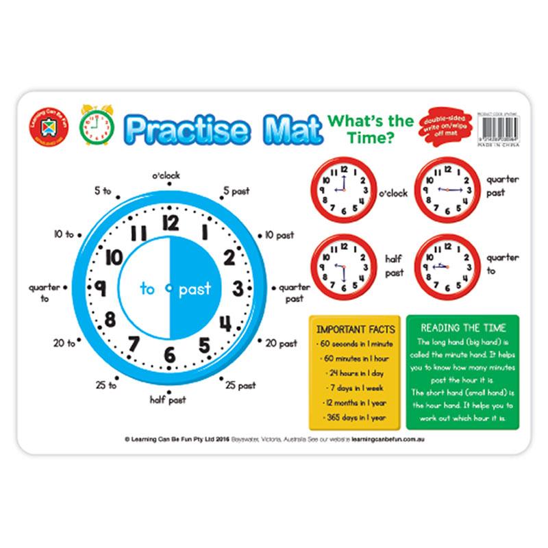 Vibrant LCBF 'What's the Time' practice mat for children, designed for learning time concepts with dry erase compatibility.