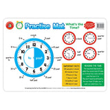 Vibrant LCBF 'What's the Time' practice mat for children, designed for learning time concepts with dry erase compatibility.