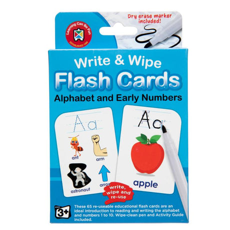 Bright and colorful flashcards for teaching alphabet and numbers, featuring wipe-clean surfaces for repeated practice.