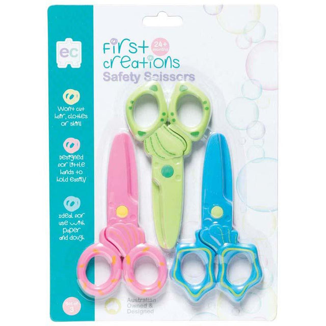 EC First Creations Safety Scissors Set 3 for kids, featuring rounded tips and ergonomic handles for safe crafting fun.