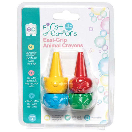 "Set of 4 ergonomic animal-themed crayons designed for toddlers, promoting creativity and fine motor skill development."