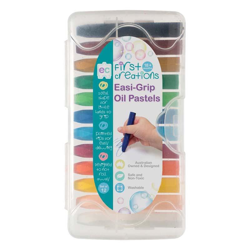 Set of 12 Easi-Grip Oil Pastels in vibrant colors, designed for kids with a secure hexagonal grip and portable case.