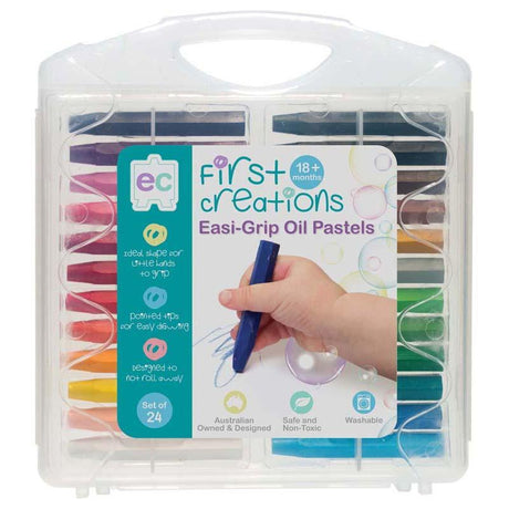 Vibrant set of 24 Easi-Grip oil pastels in a sturdy case, designed for young artists with easy-to-hold hexagonal shapes.