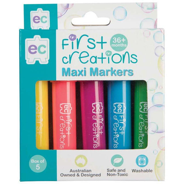 Vibrant set of 5 non-toxic maxi markers designed for kids, featuring easy grip, washable ink, and versatile nibs for creativity.