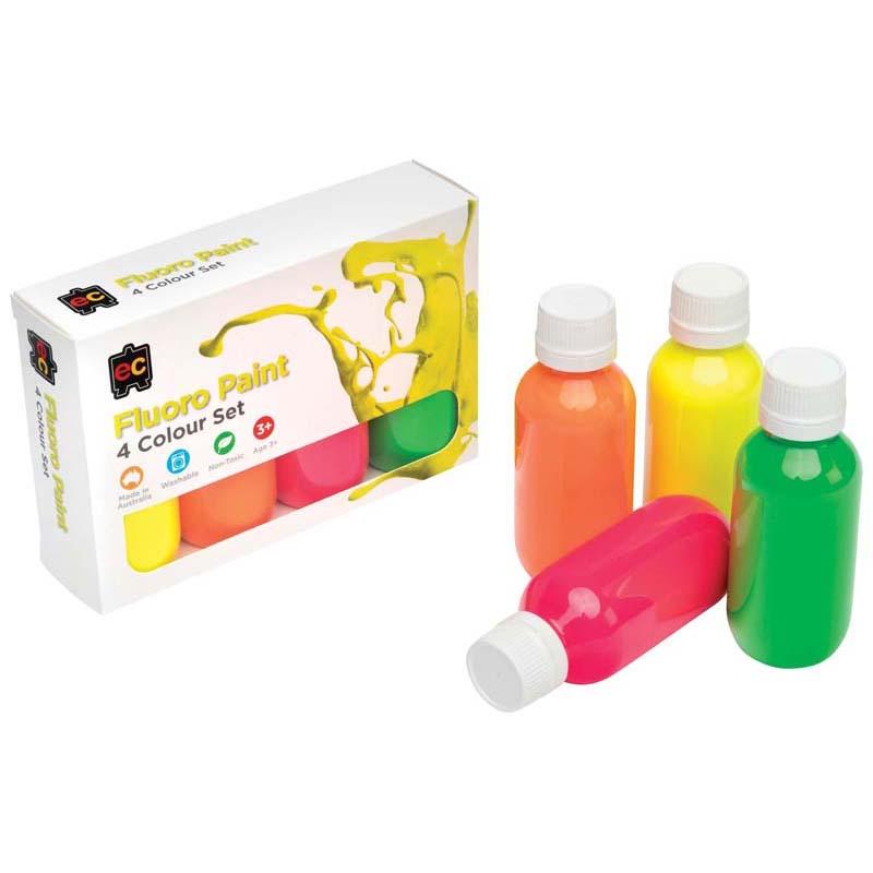 Four 100ml bottles of EC Acrylic Paint Fluoro Set featuring vibrant pink, yellow, green, and orange for bright creative projects.