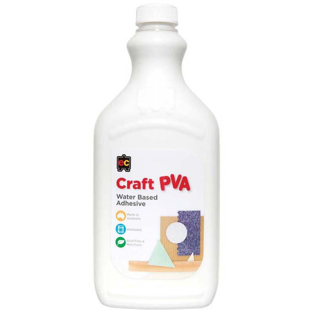 2L bottle of EC PVA glue, a non-toxic, fast-drying adhesive for various craft materials like paper, wood, and textiles.