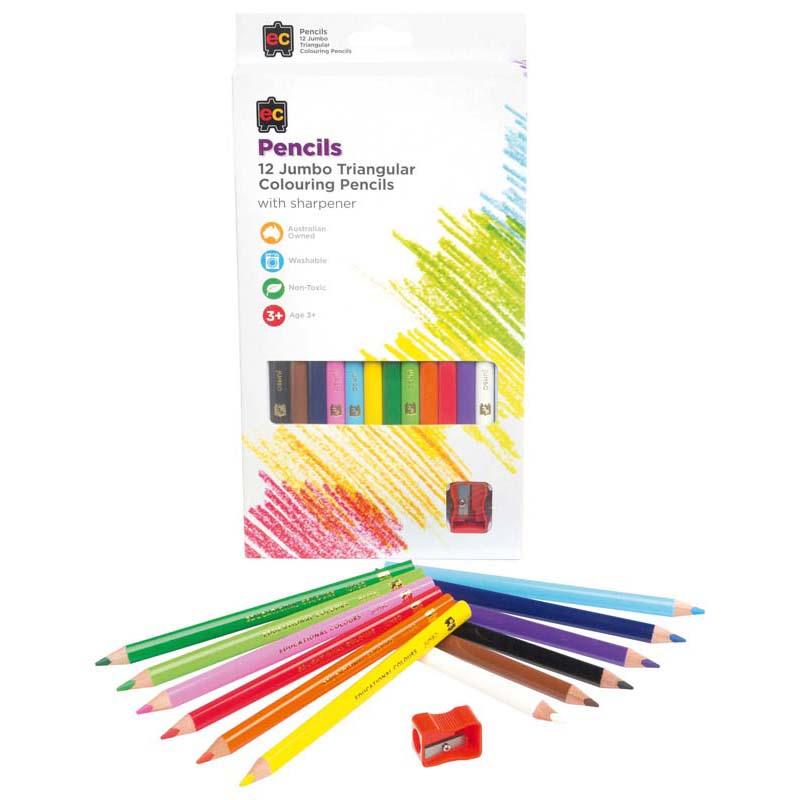 EC Triangular Jumbo Pencils Pack 12 Washable Assorted Colours With Sharpener