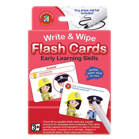 Colorful, reusable flashcards for early learning; includes wipe-clean pen for practicing letters, numbers, and shapes.