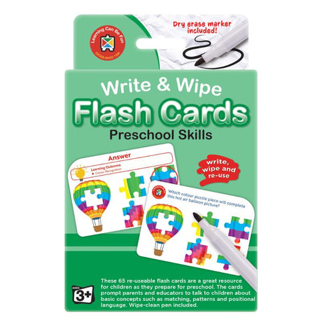 Colorful LCBF Write & Wipe Flashcards for preschool skills, featuring durable design and included wipe-clean marker.