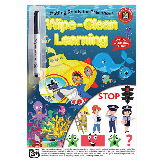 Wipe clean learning book for preschoolers featuring colorful illustrations and reusable activities with a black marker for practice.