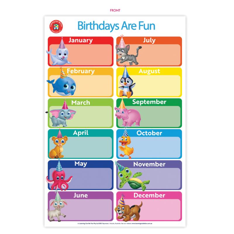 Vibrant LCBF Wall Chart celebrating birthdays, perfect for homes and classrooms to promote learning and fun.