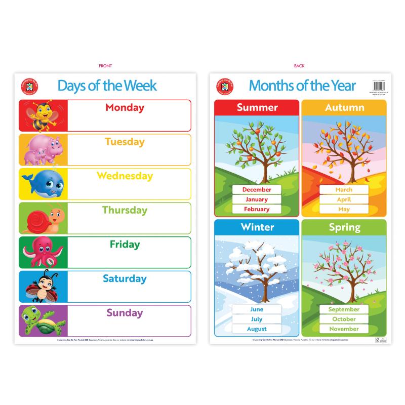 Bright educational poster displaying days of the week and months of the year, perfect for classrooms and home learning.