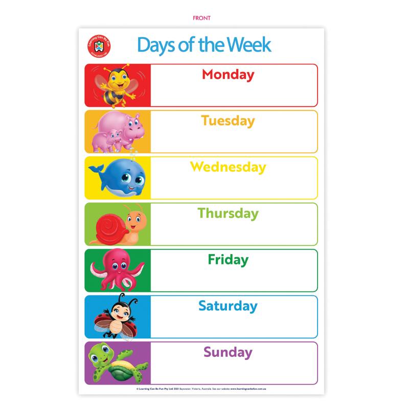 Vibrant LCBF wall chart illustrating days of the week and months, perfect for engaging children's learning in classrooms or at home.