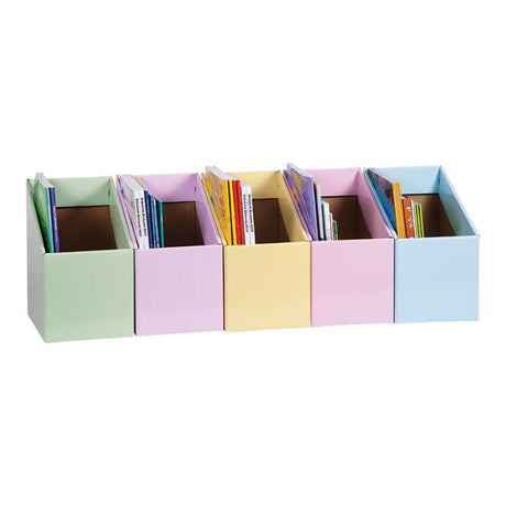Pastel book storage boxes designed for classroom organization, perfect for books, stationery, and craft supplies. Pack of 5.