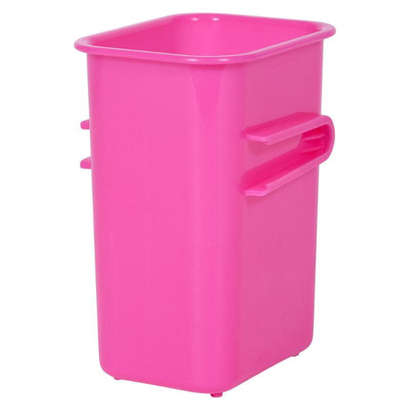 Vibrant magenta storage tubs designed for organization, featuring durable materials and a stackable, connectable design.