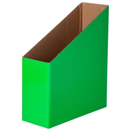 Eco-friendly green magazine boxes, pack of 5, perfect for organizing papers and artwork in classrooms or offices.