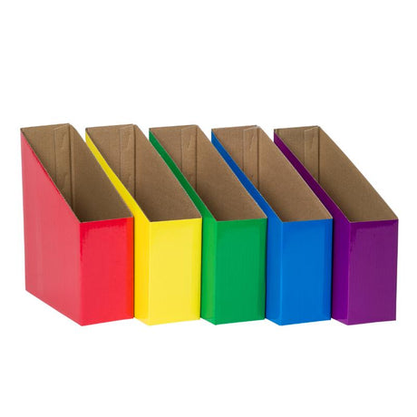 Colorful Elizabeth Richards Magazine Box set of 5 for organizing magazines and papers, featuring red, blue, yellow, green, and purple boxes.