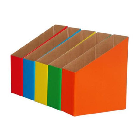 Colorful pack of 5 Elizabeth Richards magazine boxes for classroom organization in red, light blue, yellow, green, and purple.