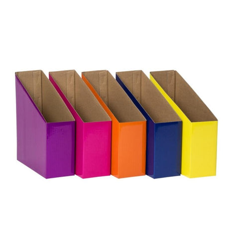 Vibrant pack of 5 magazine storage boxes in Red, Light Blue, Yellow, Green, and Purple for organized classrooms and homes.