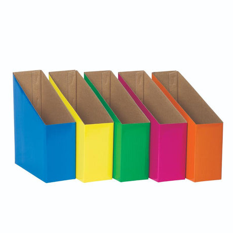 Vibrant magazine boxes in Red, Light Blue, Yellow, Green, and Purple for stylish and efficient classroom organization.