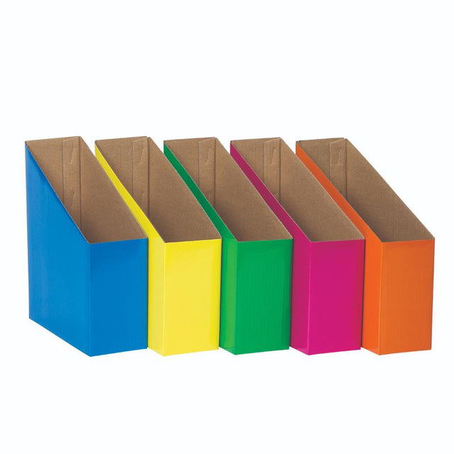 Vibrant magazine boxes in Red, Light Blue, Yellow, Green, and Purple for stylish and efficient classroom organization.