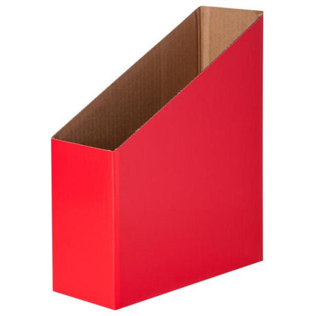 Five vibrant red magazine boxes for stylish classroom organization and storage of papers, magazines, and supplies.