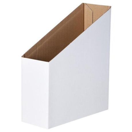 Elegant white magazine boxes in a pack of 5, perfect for organizing magazines and documents in classrooms or homes.