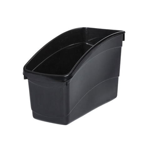 Sleek black plastic storage tub with reinforced handles, perfect for organizing books and documents in any space.
