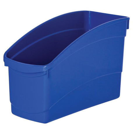 Blue Elizabeth Richards Plastic Book and Storage Tub, designed for organizing tall books and office supplies.