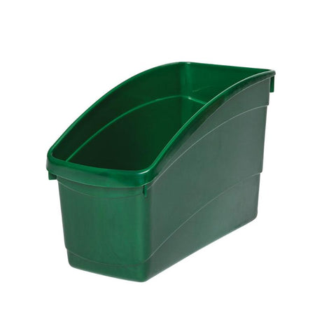 Dark green plastic storage tub designed for organizing books, folders, and office supplies with a high back for taller items.