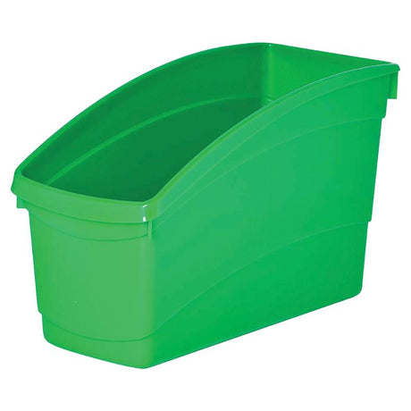 Vibrant green storage tub designed for organizing books and documents, featuring a durable high back for stability.